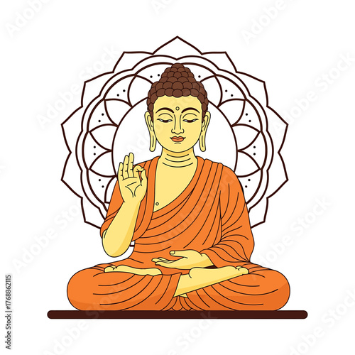 A serene illustration of Gautama Buddha seated in the lotus position against a decorative mandala.