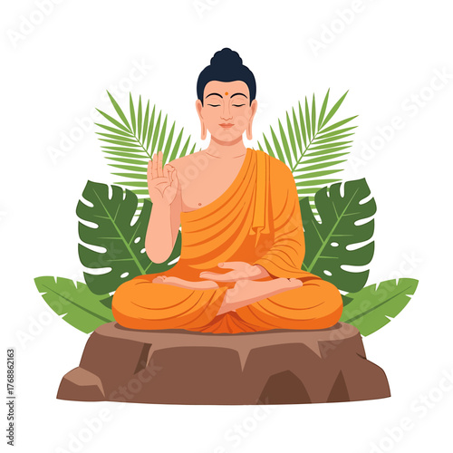 A serene illustration of Buddha meditating in the lotus position on a rock, surrounded by tropical green leaves.