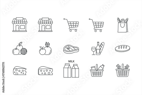 Grocery Store and Food Line Icon Set