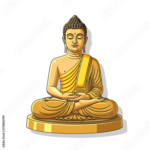 A serene illustration of the golden Buddha sitting in a meditative lotus pose on a pedestal.