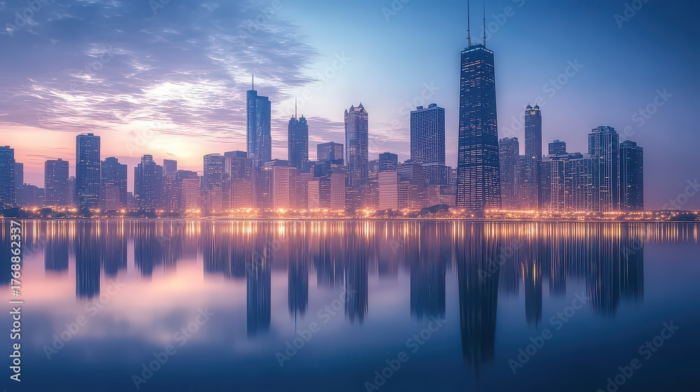Fototapeta premium Cityscape reflected in water at dusk with a beautiful sky above it