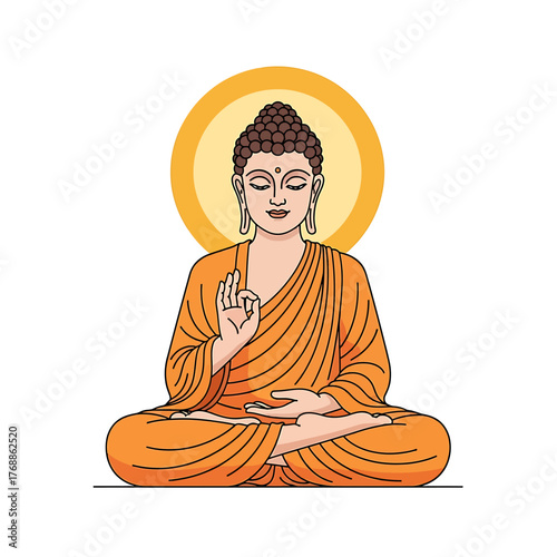 A serene illustration of Gautama Buddha sitting in a meditative lotus pose with a golden halo.