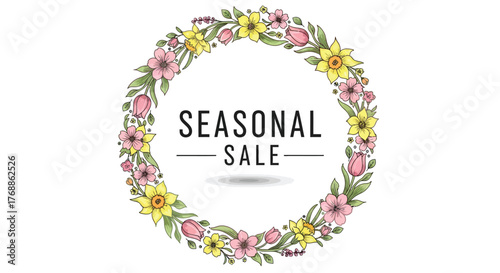 Seasonal sale announcement with a floral wreath delicate spring flowers and leaves perfect for marketing materials and promotions