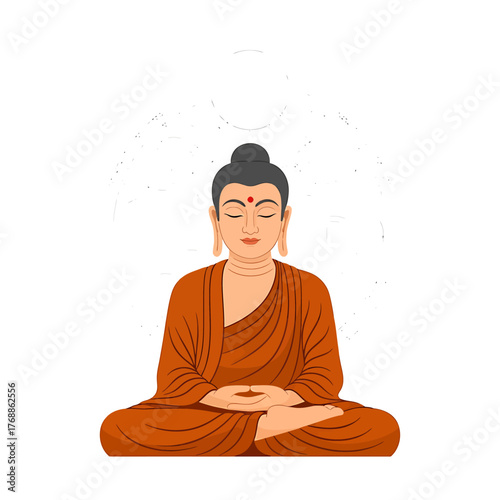 An illustration of Gautama Buddha meditating peacefully in the lotus position with a serene expression.