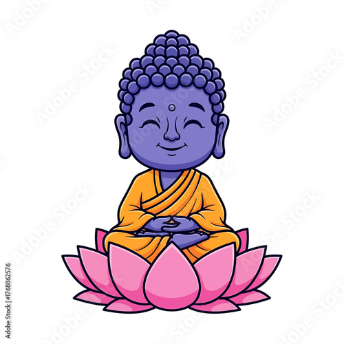A serene cartoon depiction of Buddha, with a peaceful smile, meditating cross-legged atop a vibrant pink lotus flower, symbolizing enlightenment and tranquility.