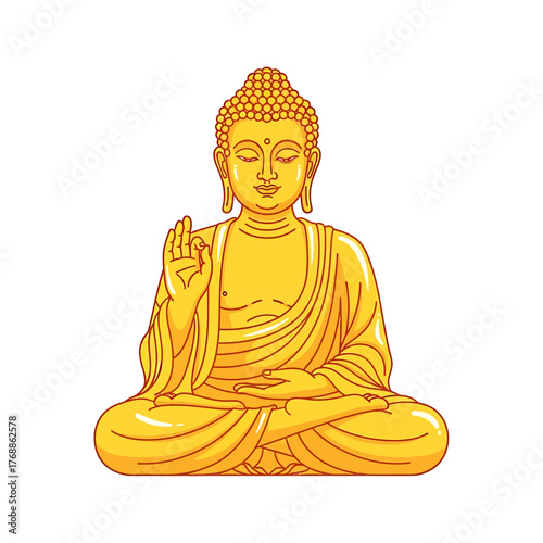 A serene golden statue of Buddha in a meditative pose, with his right hand raised in a gesture of blessing or teaching, seated cross-legged against a plain white background.