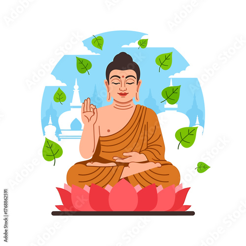 A serene illustration of Buddha meditating peacefully on a lotus flower, surrounded by falling leaves and stylized temple structures, symbolizing enlightenment and tranquility.