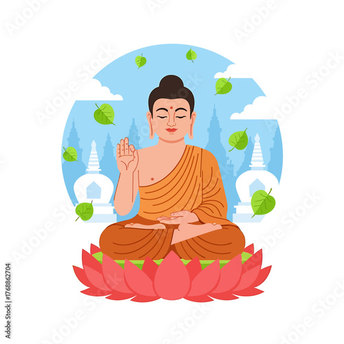 An illustration of Buddha meditating in a lotus pose on a pink flower, with stupas and floating leaves.