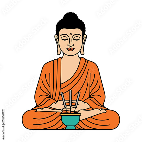 An illustration of Buddha in a meditative pose, wearing orange robes, with incense sticks in a bowl.