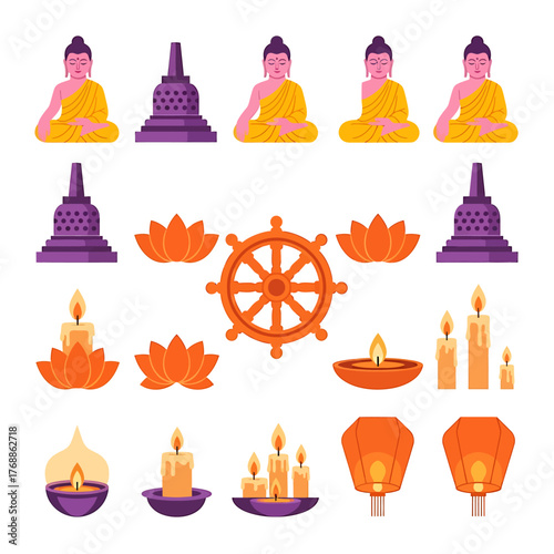 A collection of Buddhist symbols and icons, including Buddhas, stupas, lotuses, and candles.