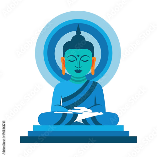 A serene illustration depicting a meditating Buddha figure with a blue aura.