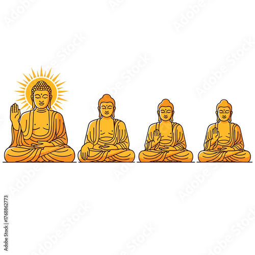 Illustration depicting four golden Buddha statues in a row, one with a radiant halo.