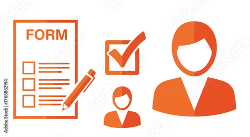 Orange business form icons including a checklist and pencil flat illustration for web design and user interface elements