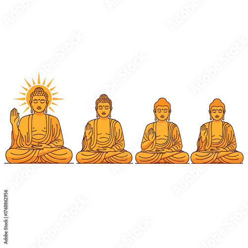 Four golden Buddha statues are depicted in a line, seated in meditation poses with serene expressions. The leftmost statue is illuminated by a radiant halo.