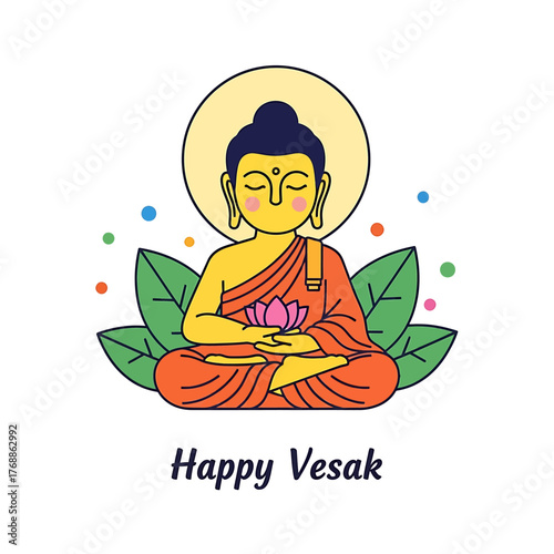 Serene cartoon Buddha meditating in orange robes, holding a pink lotus blossom, celebrating Vesak.