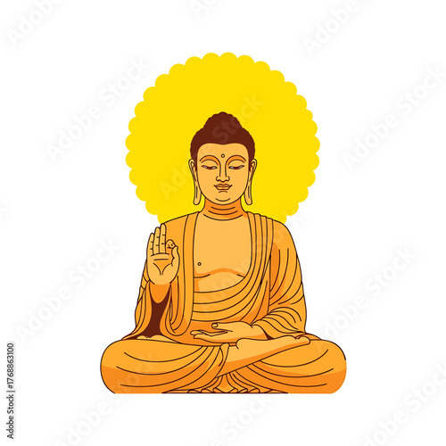 Illustration of the Buddha seated in a meditative lotus pose with a radiant yellow halo.