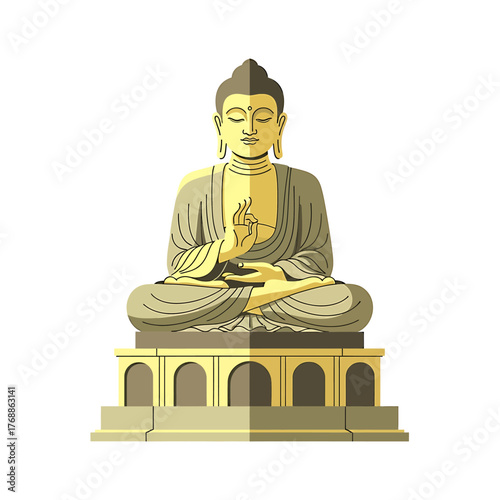 A serene golden Buddha statue sits in meditation on a tiered pedestal, with hands in a mudra gesture, representing peace and enlightenment.