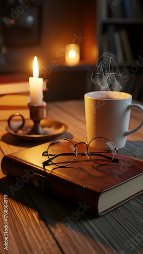 Cozy Reading Night with Warm Drink and Gentle Candlelight
