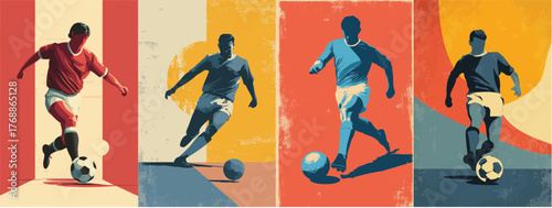 Vintage soccer poster set with retro football players and goalkeepers in classic athletic illustration style