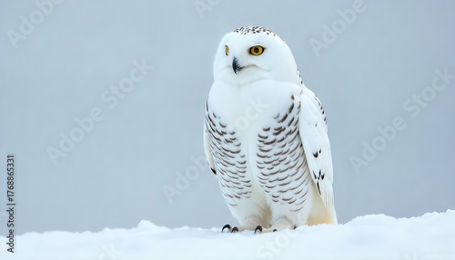 A snowy owl perched on a snow covered surface with a light blue and white background in winter time