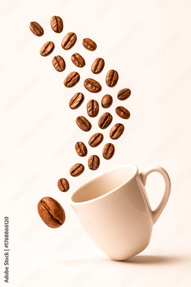 Obraz premium Coffee Beans Flying Out of White Mug in Artistic Motion