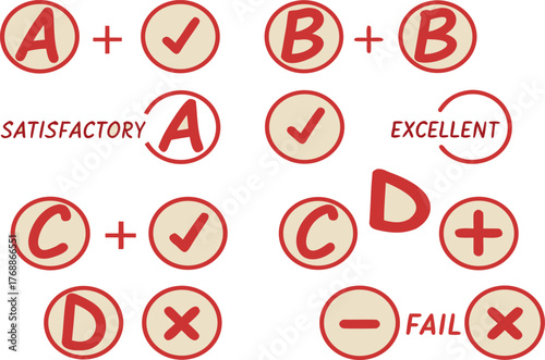 School grade symbols featuring checkmarks and crosses for academic performance evaluation vector