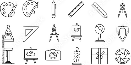 Art and Design Outline Icons Set. Vector collection of creative tools, drawing instruments, painting supplies, sculptures, photography equipment, and awards in simple line art style.