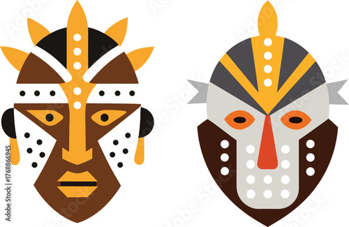 Zulu warrior mask with traditional dotted flat paint designs, African tribal art, cultural mask, handmade decorative mask, authentic Zulu heritage, vibrant ethnic artwork for collection.
