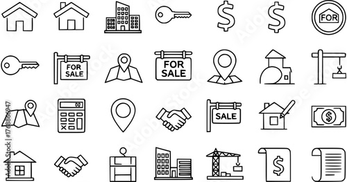 Real Estate Icons: House, Buildings, Key, Dollar, For Sale Sign, Map, Handshake, Calculator, Construction Crane. Outline Style Vector Set.