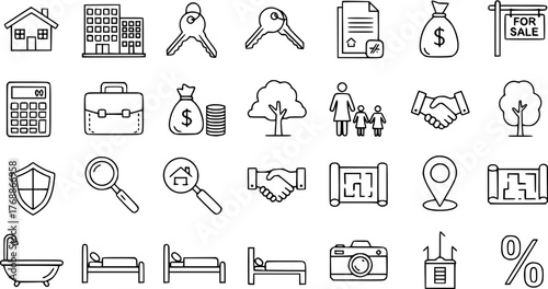 Real Estate and Property Thin Line Icons Set. Home buying, selling, mortgage, and realtor services symbols. Outline vector illustration.