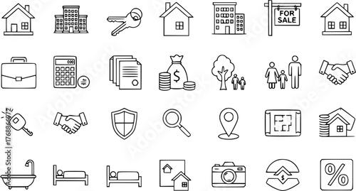Real Estate Thin Line Icons Set. Property, house, mortgage, and sale outline vector symbols collection.
