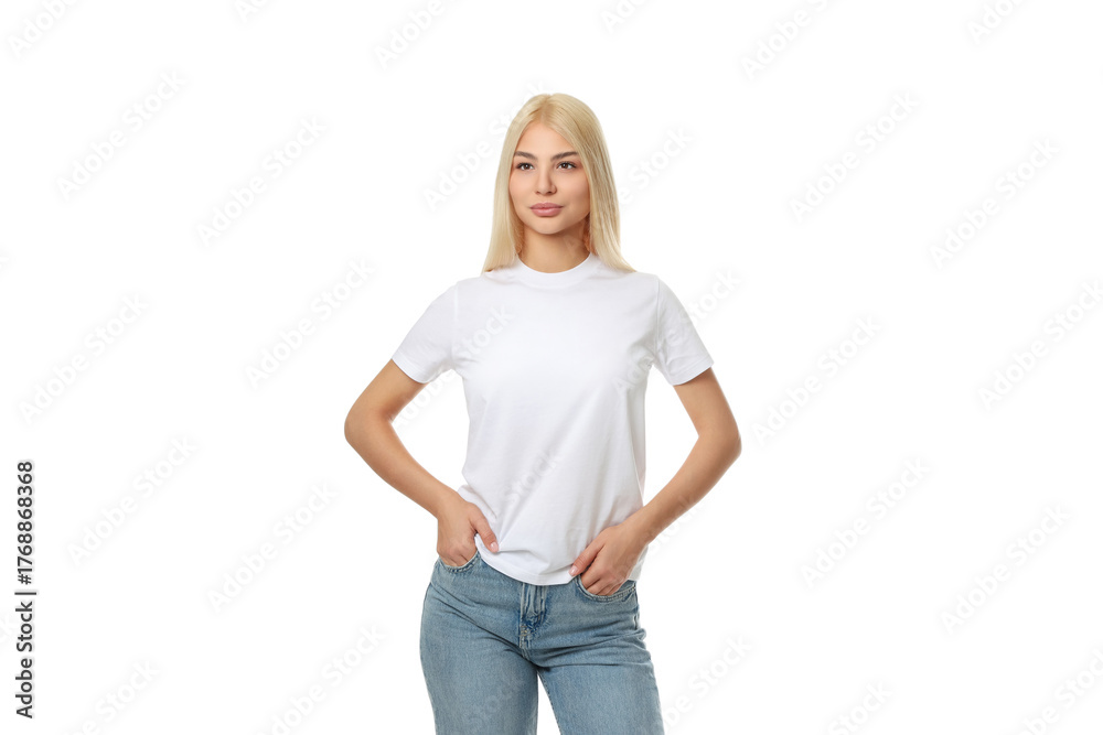 Obraz premium Woman in white t-shirt and jeans posed hands on hips, isolated, PNG