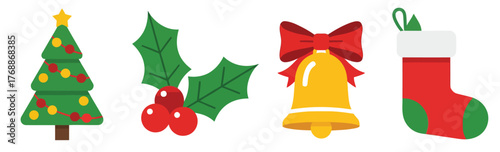 Christmas icon set in flat design style. Collection of holiday vector elements including Christmas tree, holly berry, jingle bell, and stocking for winter celebration design.