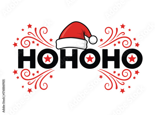 HO HO HO christmas text design with santa hat vector, festive holiday typography illustration, cute xmas lettering decoration