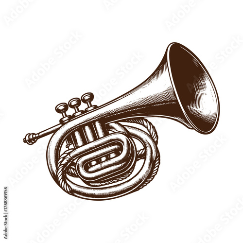 Western Brass Bugle Horn – Vintage Cowboy Instrument Illustration in Black and White