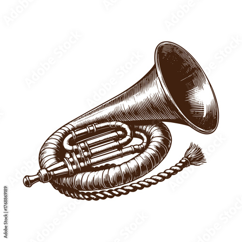 Western Brass Bugle Horn – Vintage Cowboy Instrument Illustration in Black and White