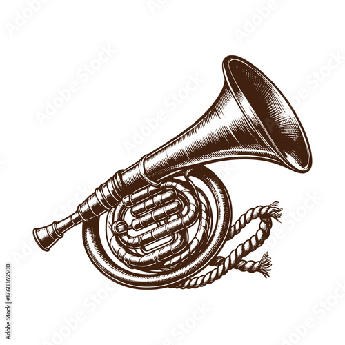 Western Brass Bugle Horn – Vintage Cowboy Instrument Illustration in Black and White