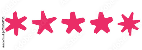Hand-drawn pink stars icon set. Vector collection of doodle shapes and brush stroke symbols for rating, review, and decorative design.