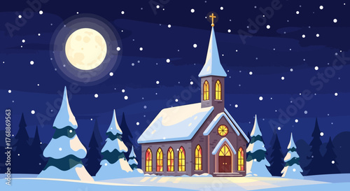 Cartoon Church Building in Winter Night with Snow and Moon.