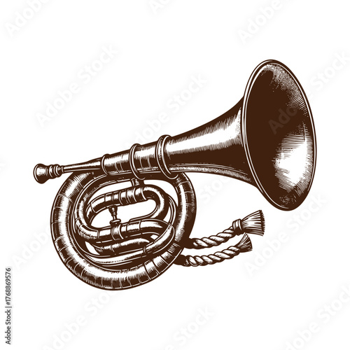 Western Brass Bugle Horn – Vintage Cowboy Instrument Illustration in Black and White