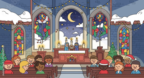 Cartoon Church Interior Scene with Children Stained Glass and Christmas Decorations.