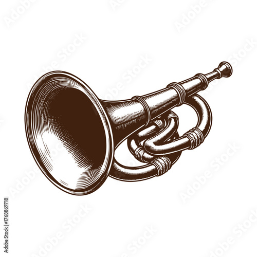 Western Brass Bugle Horn – Vintage Cowboy Instrument Illustration in Black and White