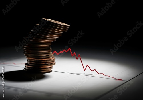 Precarious stack of coins and a red financial graph showing economic decline