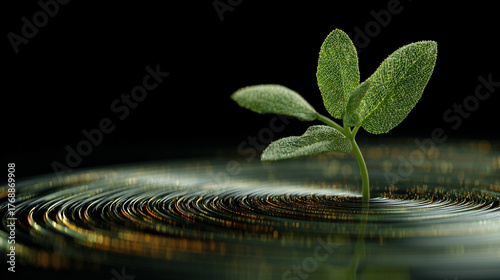 green seedling sprouting from an abstract digital currency base, representing the growth of sustainable finance, green economy, and eco-friendly investments. The visual symbolizes innovation, environm