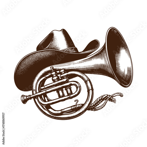 Western Brass Bugle Horn – Vintage Cowboy Instrument Illustration in Black and White