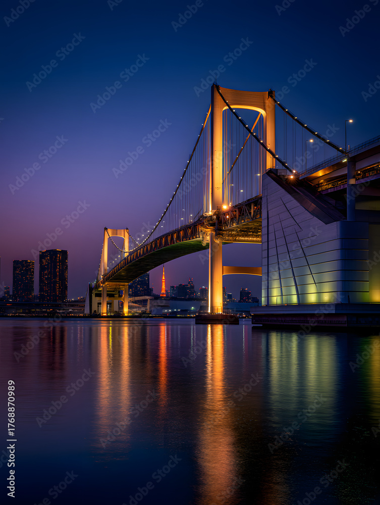 Obraz premium Stunning View of the Legendary Rainbow Bridge in Tokyo, Japan Glowing at Dusk Over the Water