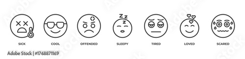 EmotiSet Icons set vector illustration with Sick, Cool, Offended, Sleepy, Tired, Loved, Scared