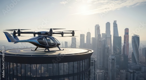 A futuristic air taxi on a rooftop helipad with a city skyline in the background on a bright day