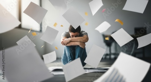 A man sits surrounded by flying papers with his head in his arms in a modern office space