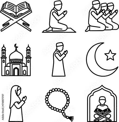 Islamic Prayer and Worship Line Art Icon Set